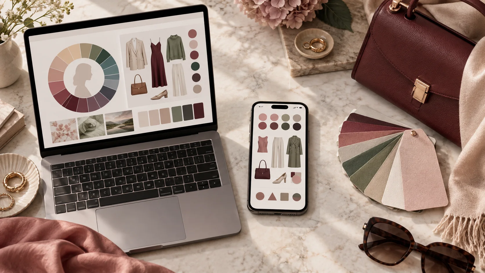 Laptop, phone, and pocket color swatches representing different color analysis app use cases