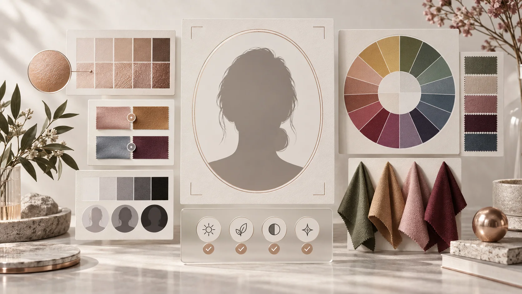 Color analysis evidence including skin tone samples, contrast tests, and a twelve-season color wheel