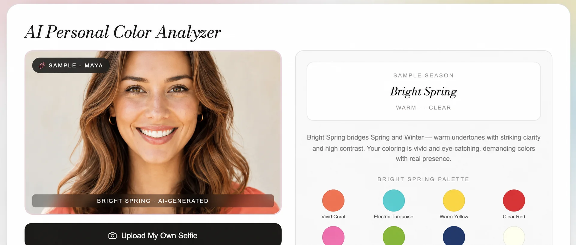 Real Color Season AI result page showing a 12-season result, confidence, neighboring seasons, and a personal color palette