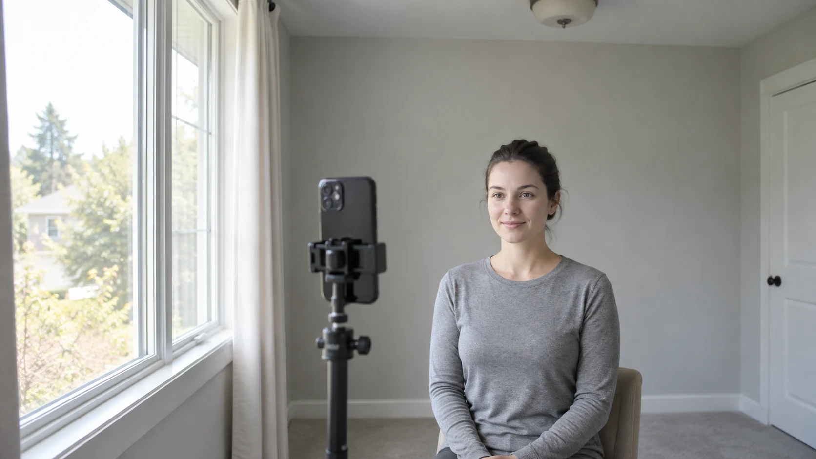 Accurate AI color analysis photo setup with a person facing soft window light, a phone on a tripod, and a neutral gray wall