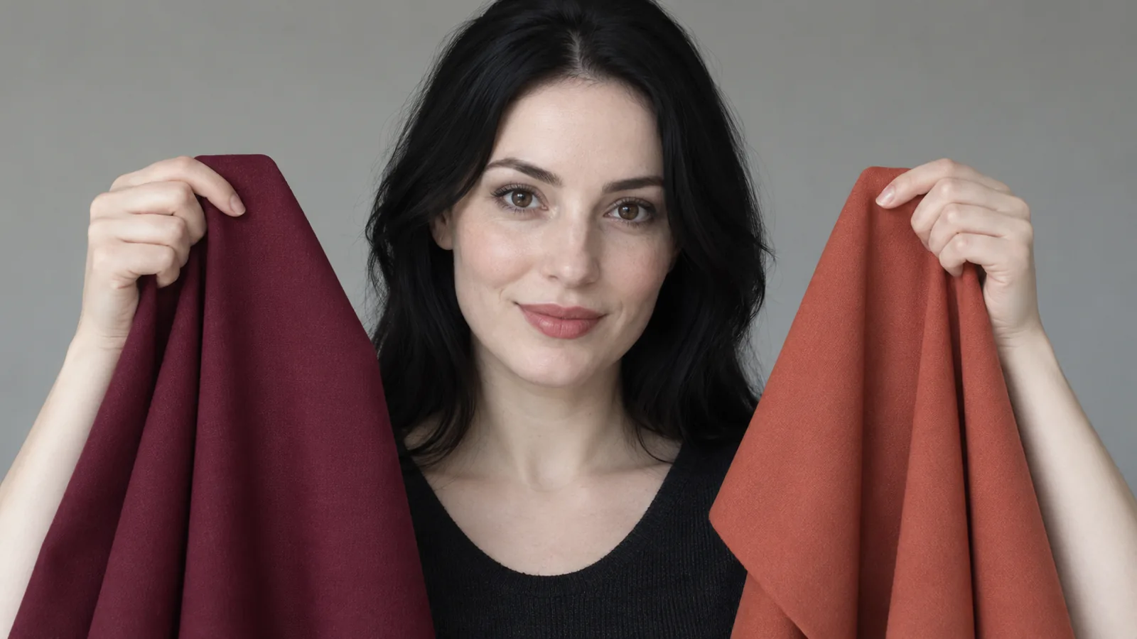 Drape test on a fair Deep Winter with black hair: cool burgundy scarf beside a warm terracotta scarf
