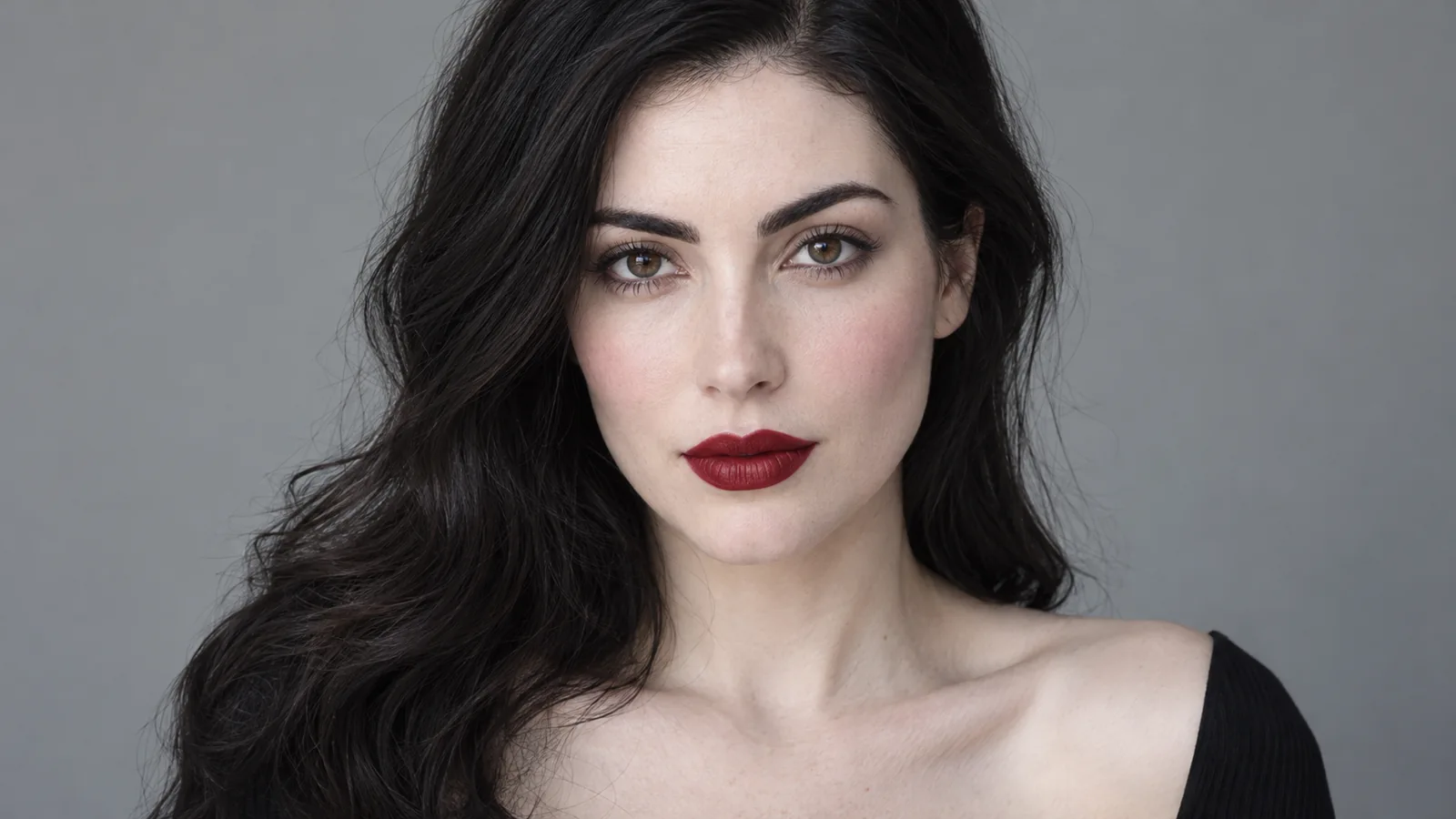 Pale deep winter makeup close-up: blue-based red lipstick, dark defined brows and a light cool rose blush