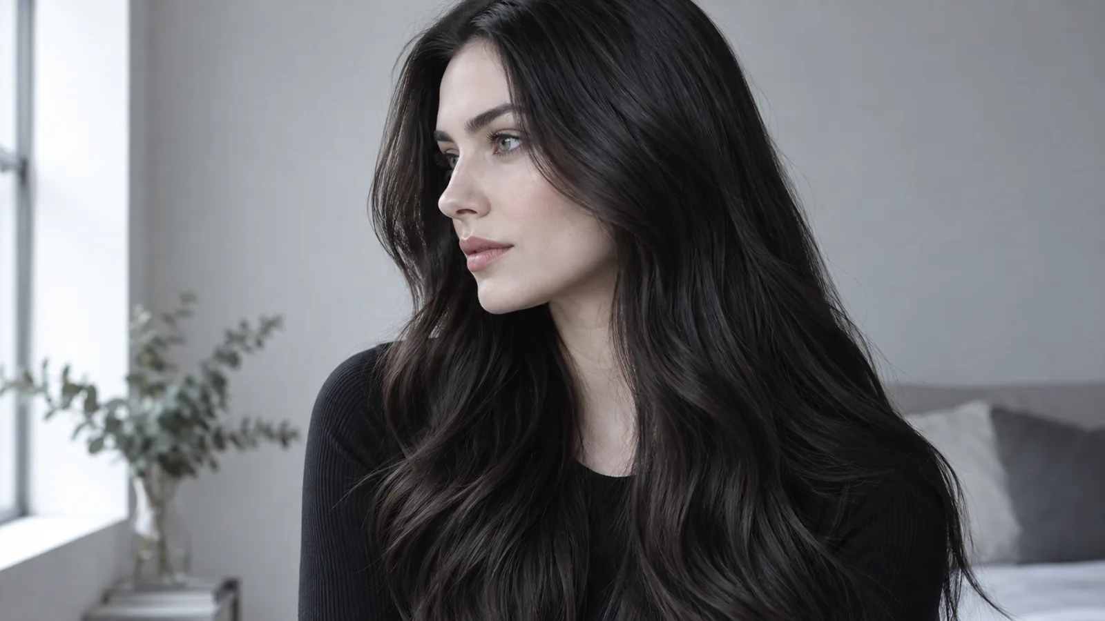 Fair Deep Winter side profile: glossy blue-black hair with cool espresso lowlights in daylight
