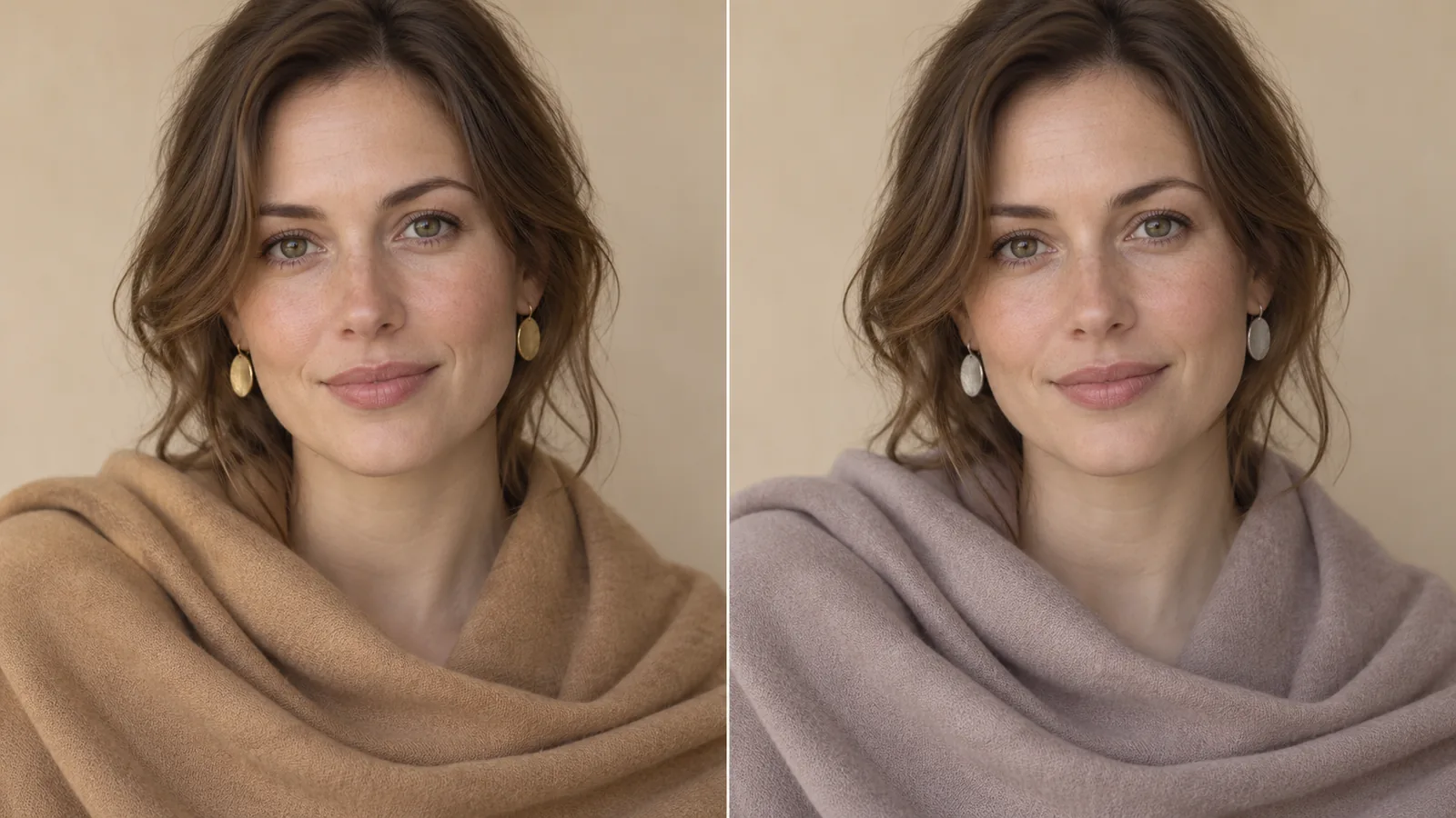 Side-by-side drape test: camel and gold versus rose-grey and silver on the same face