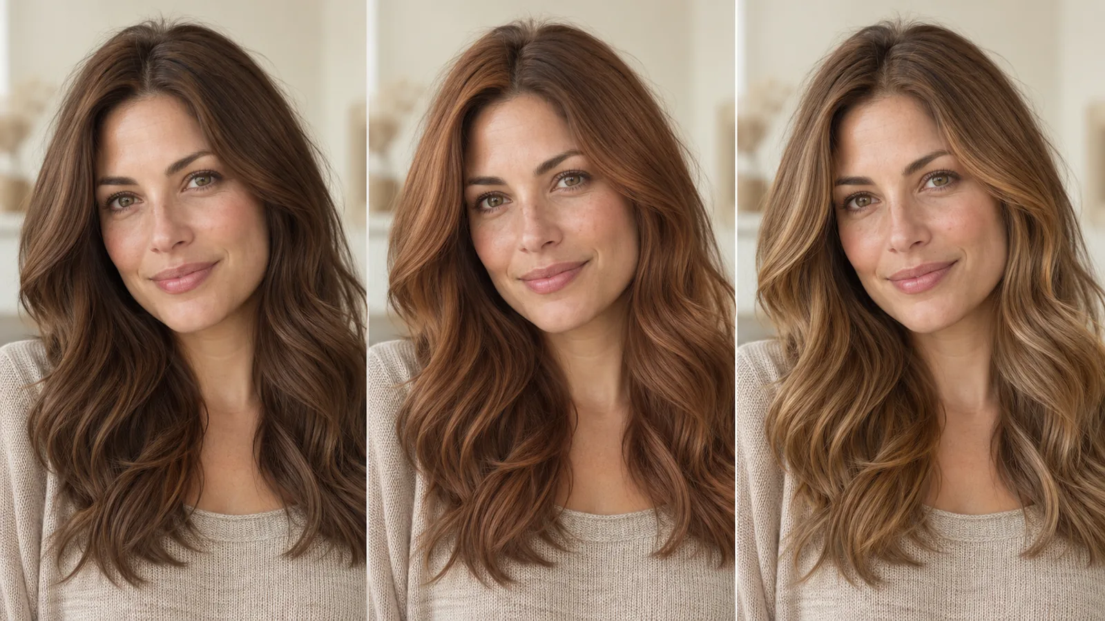 Warm chestnut, caramel-copper and honey balayage hair colors on the same woman with muted warm coloring
