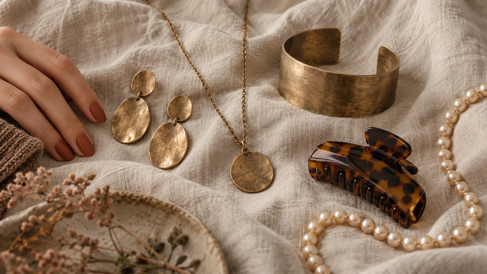 Brushed antique gold, bronze and tortoiseshell jewelry on a cream linen background