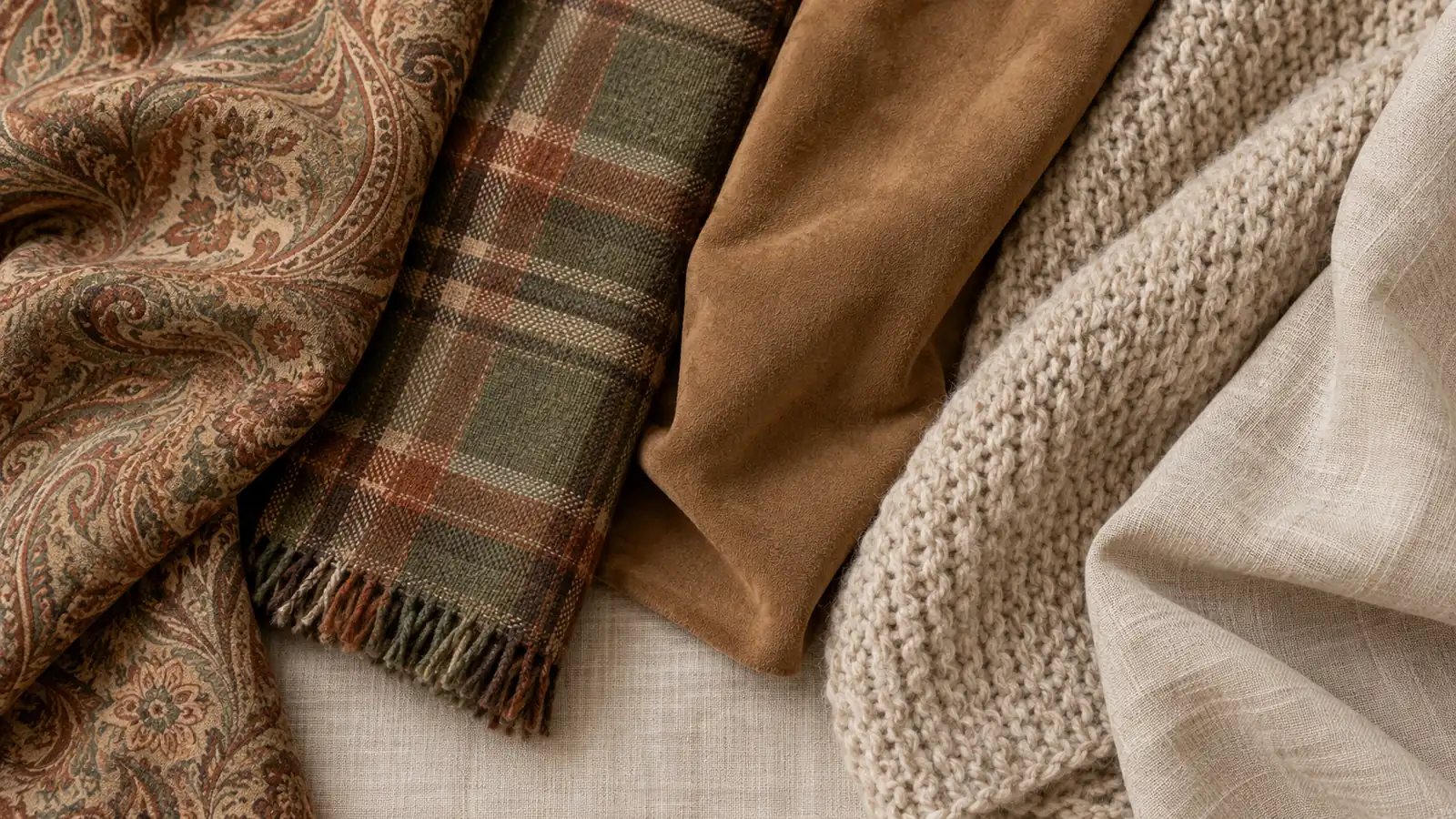 Soft Autumn color palette prints and fabrics — paisley, olive plaid, camel suede and oatmeal knit