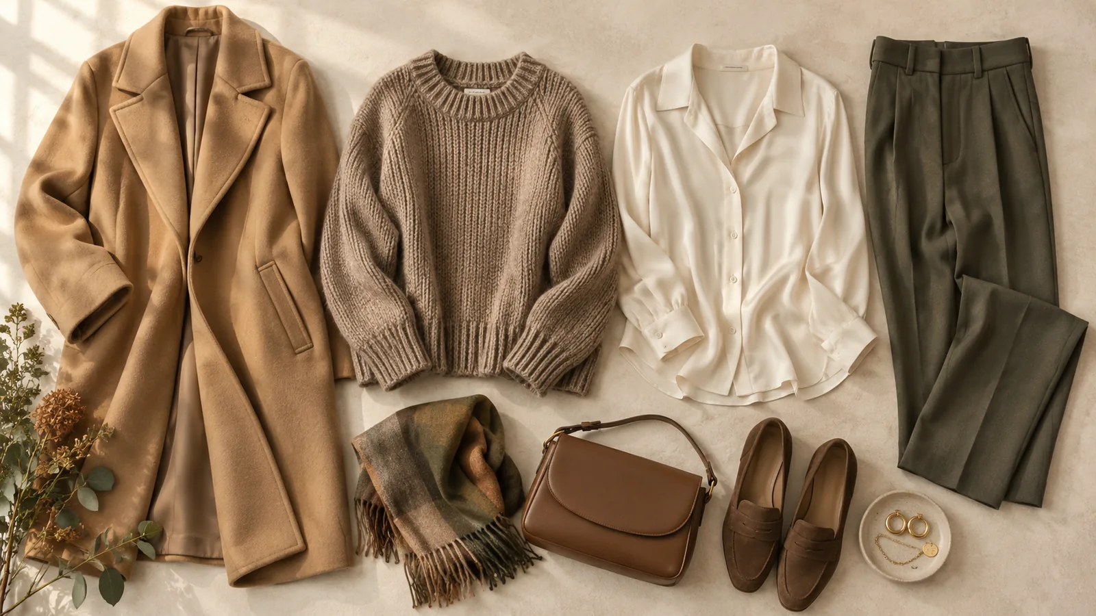 Soft Autumn color palette neutrals laid flat — camel coat, warm taupe knit, cream silk and dark olive trousers