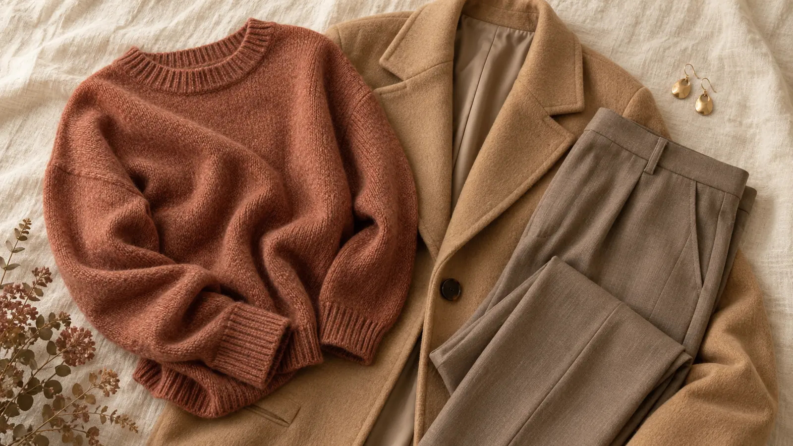 Terracotta knit, camel coat and warm taupe trousers — the power colors of the Soft Autumn color palette