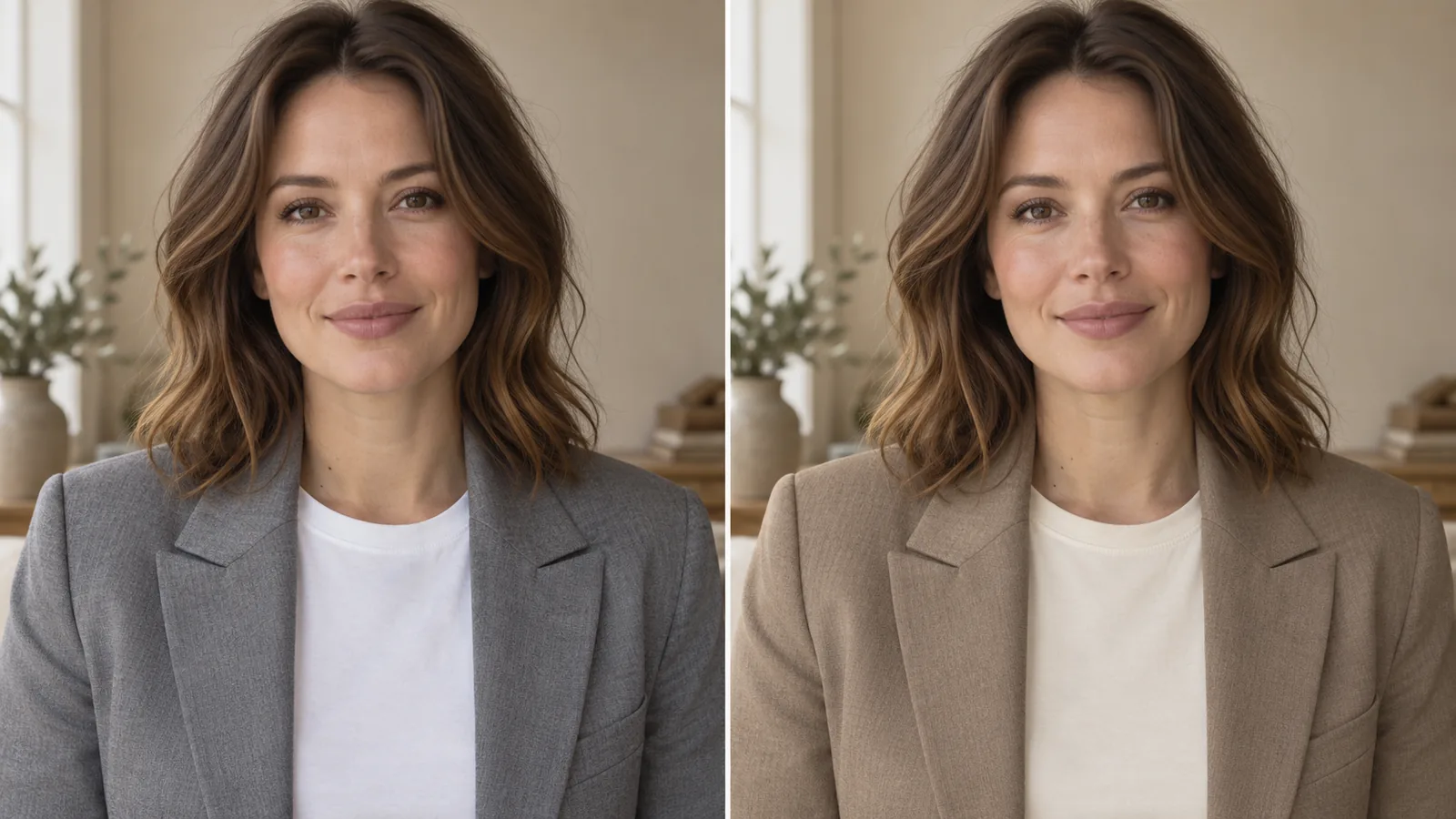 Same woman in a cool grey blazer and a warm taupe blazer, showing how warm muted colors brighten her skin