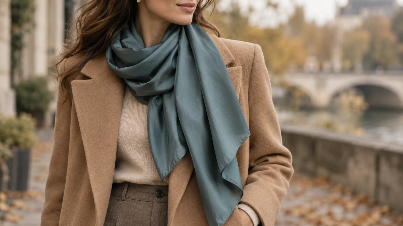 Muted teal silk scarf worn with a camel coat, a cooler accent that still suits warm muted coloring