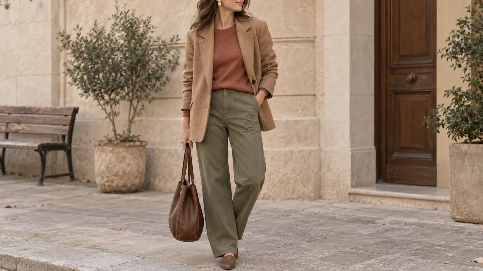 Everyday outfit from the Soft Autumn color palette — camel, terracotta and dusty olive with brushed gold jewelry