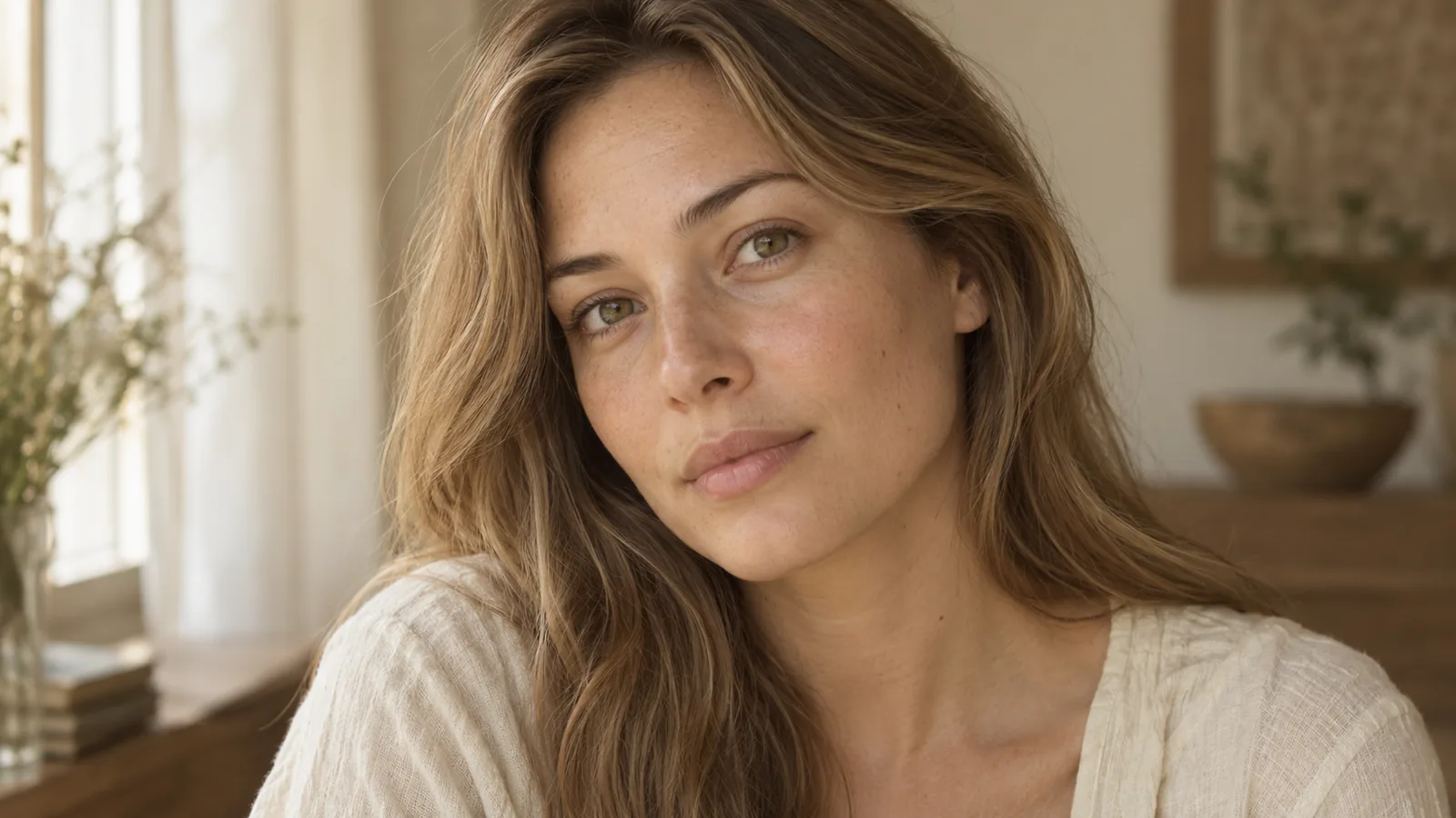 Close-up of Soft Autumn coloring: golden-beige skin, soft hazel eyes and light golden-brown hair