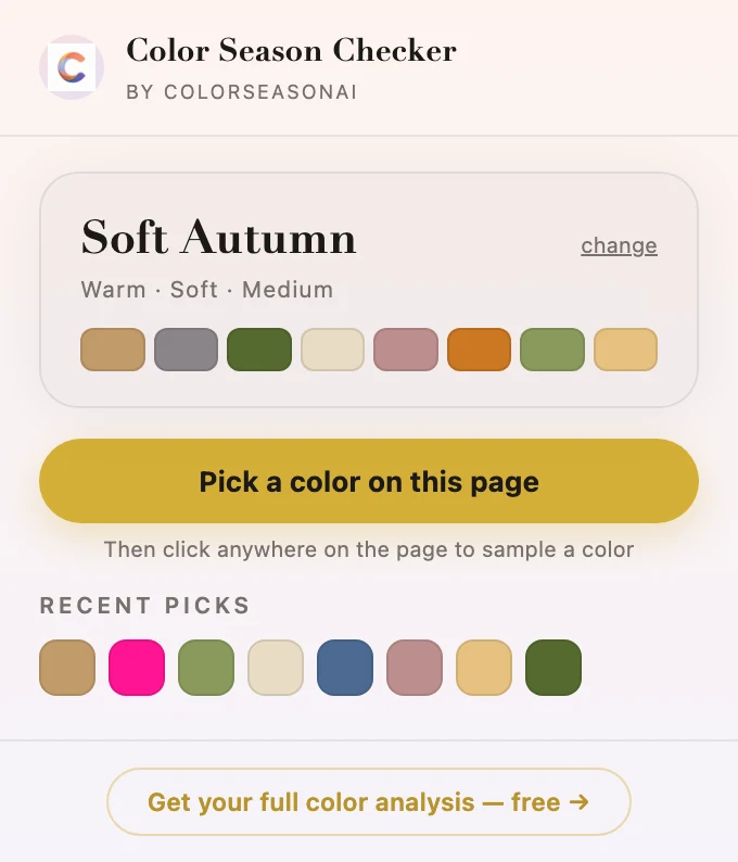 Color season Chrome extension popup showing the Soft Autumn palette, the pick-a-color button, and a row of eight recent color picks
