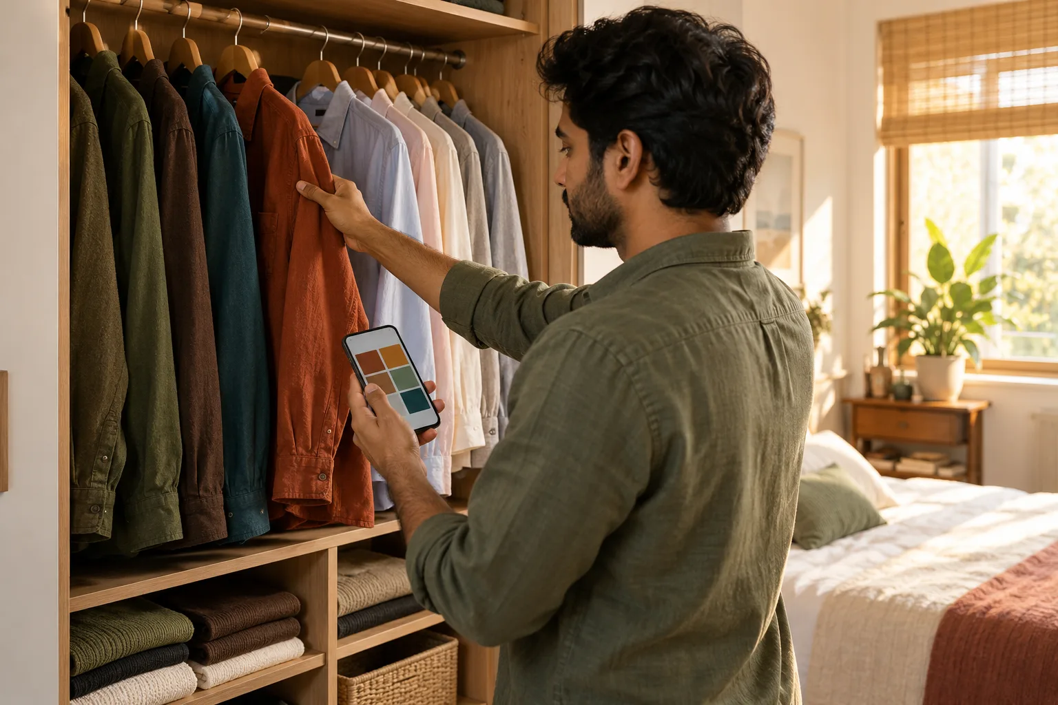 Color analysis palettes at home: a man hangs his rust, olive and teal pieces together on one side