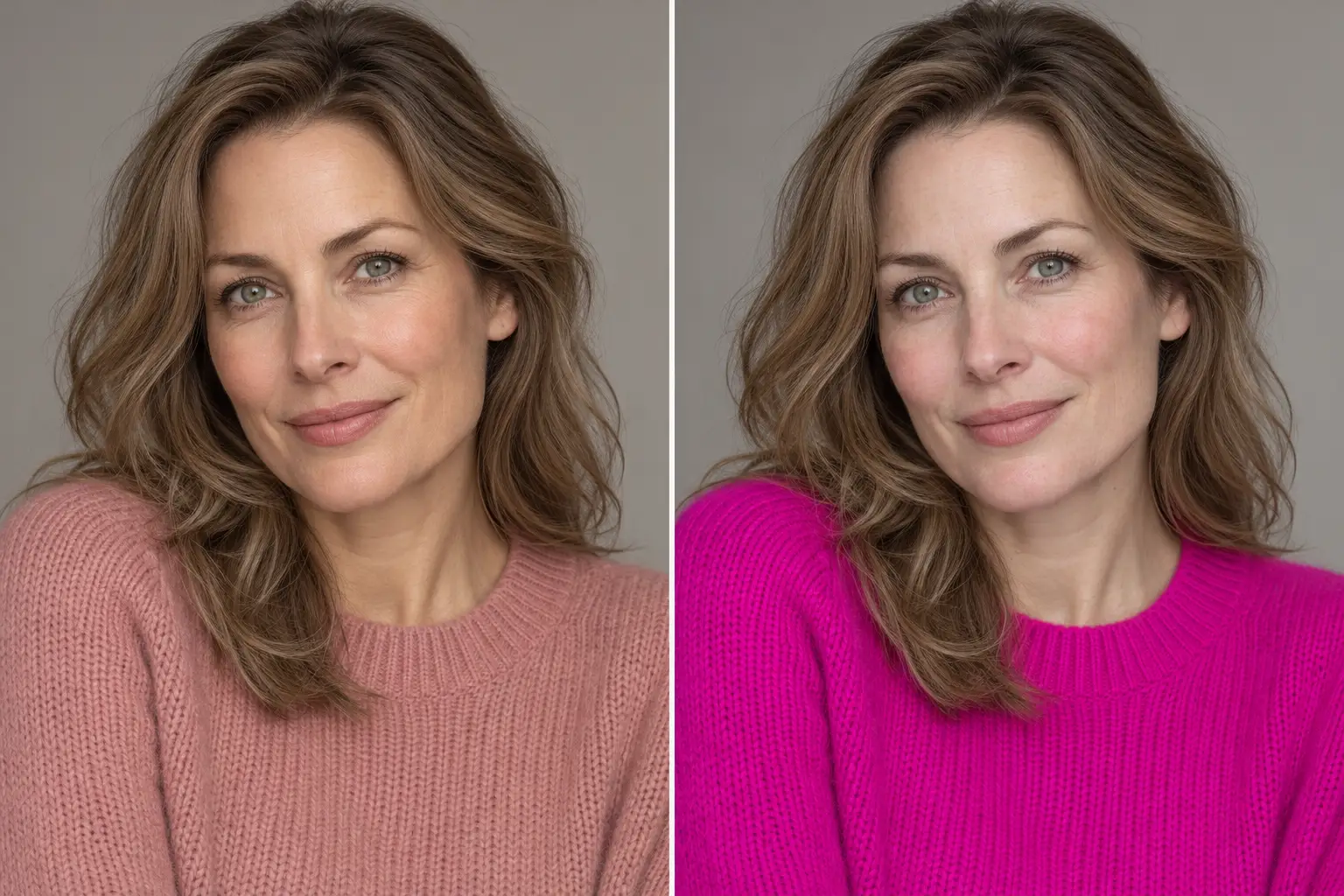Neighbouring color analysis palettes on one woman: a muted dusty rose sweater vs a bright magenta one