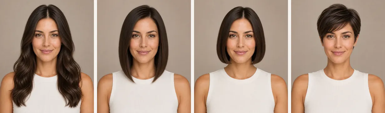 Simulador de cortes de pelo, cuatro largos: la misma modelo con melena larga, long bob, bob clásico y pixie