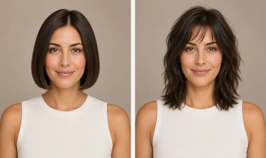 Simulador de cortes de pelo para mujer con poco cabello: la misma modelo con bob de puntas rectas y con shag de capas