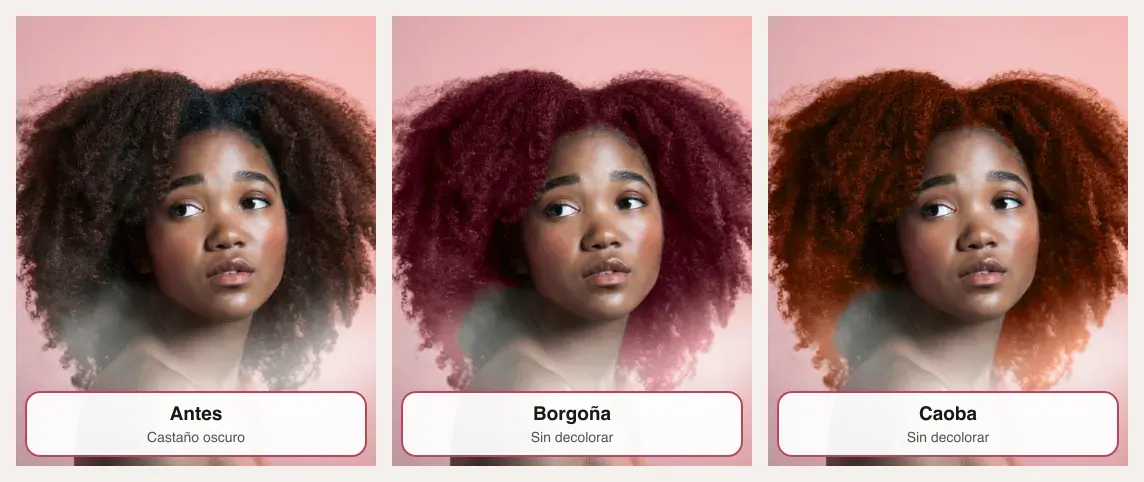 Cambiar color de cabello en una foto: la misma modelo en castaño oscuro, borgoña y caoba, con los rizos y las sombras intactos