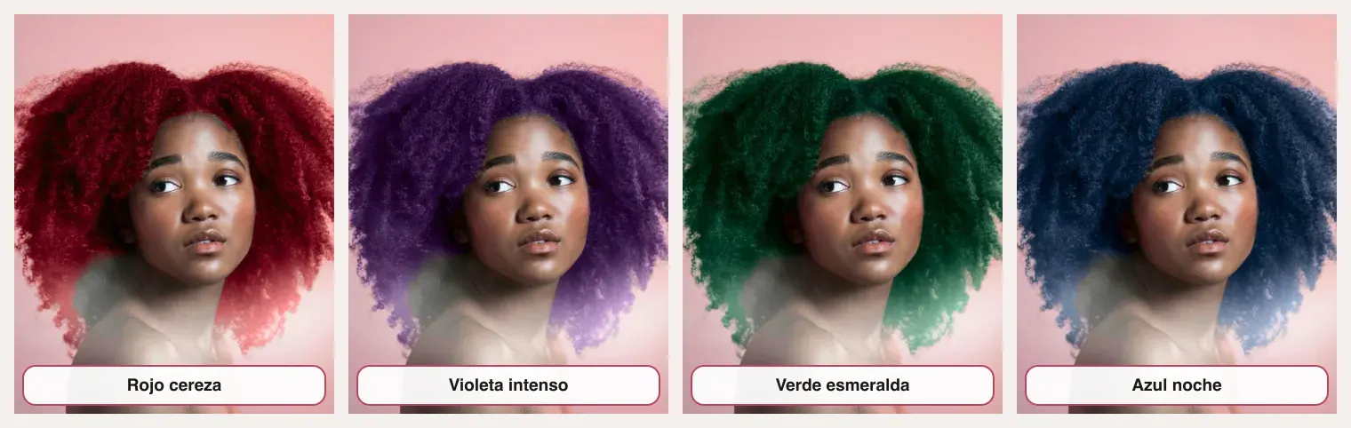 Cambiar color de cabello a tonos de fantasía sin decolorar: rojo cereza, violeta intenso, verde esmeralda y azul noche sobre pelo castaño oscuro