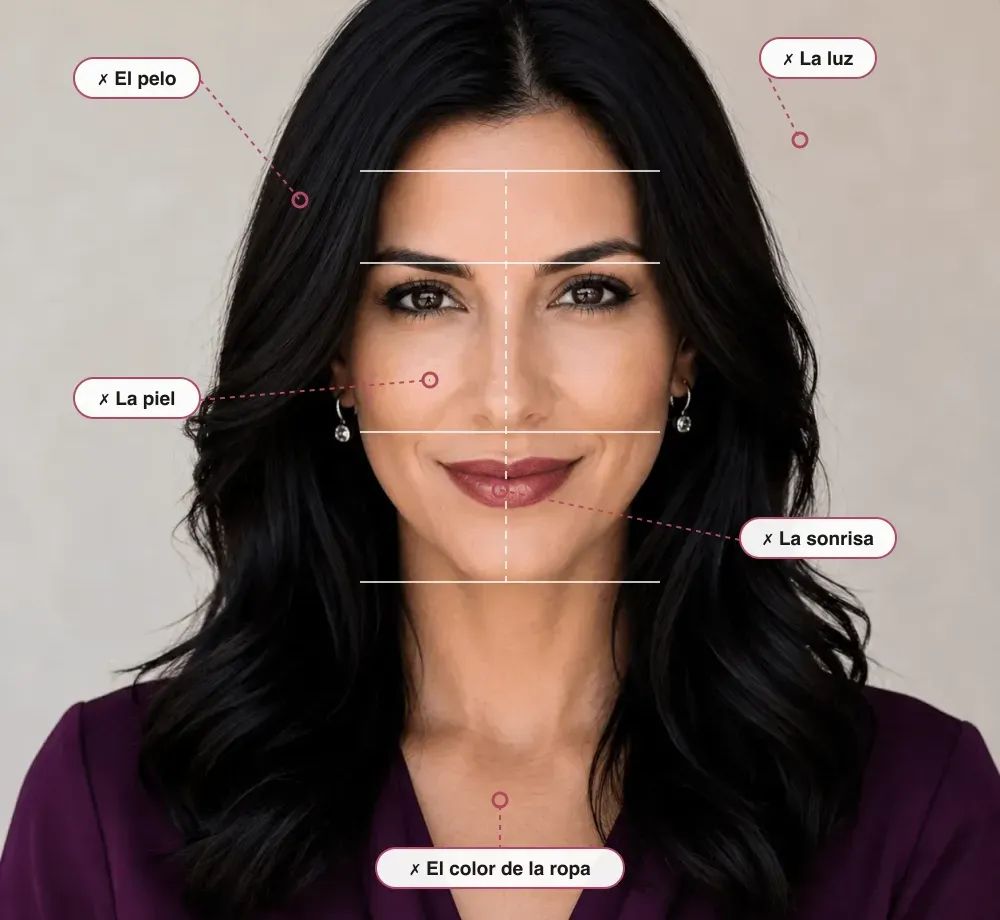 Lo que el test de belleza no mide, señalado sobre la foto de Ava: el pelo, la piel, la sonrisa, la luz y el color de la ropa
