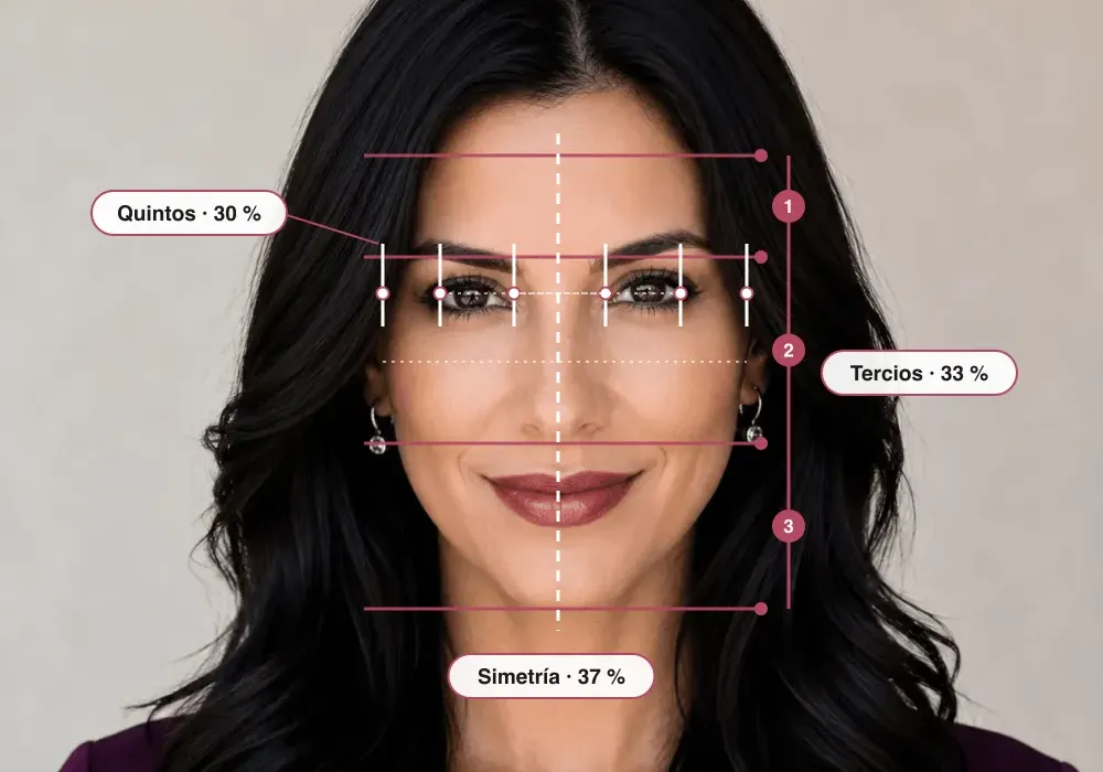 Las tres medidas del test de belleza sobre la cara de Ava: líneas de los tercios, marcas de los quintos a la altura de los ojos y la línea central de la simetría