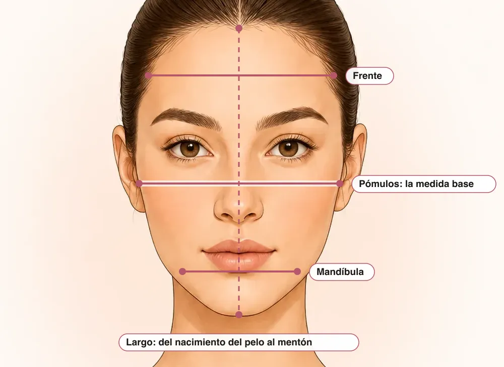 Medidas del tipo de rostro sobre una cara ilustrada: líneas de frente, pómulos y mandíbula, y el largo del nacimiento del pelo al mentón