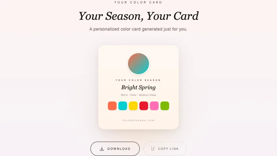 AI color analysis report — downloadable Bright Spring color card with palette swatches and season traits