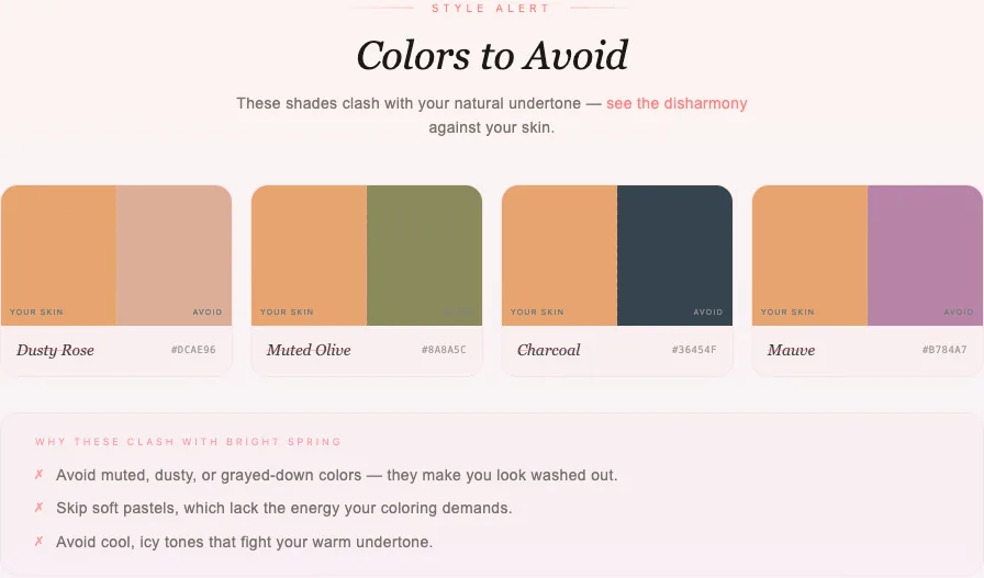 AI color analysis report — colors to avoid shown side by side with your measured skin tone