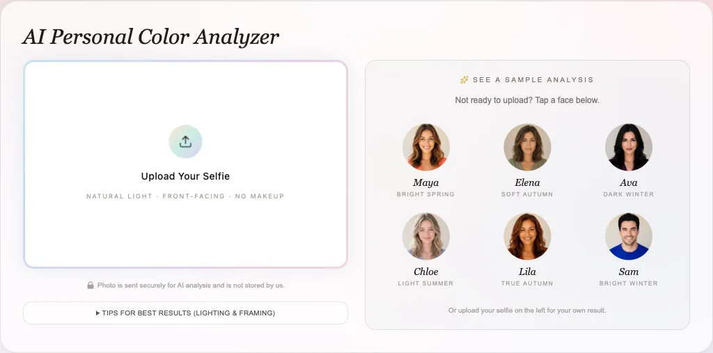 AI color analysis, step 1 — the upload panel on colorseasonai.com with a drop zone for your selfie and six sample faces to try instead