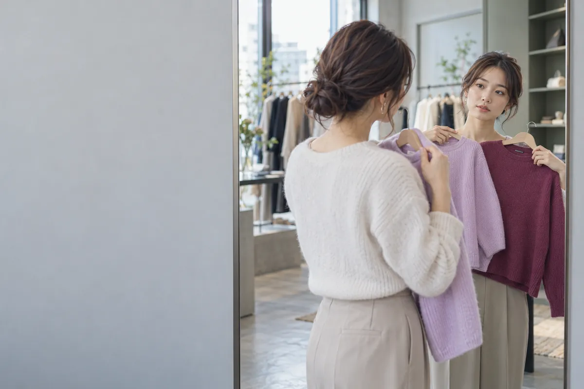 パーソナルカラー診断16タイプを調べた女性が、鏡の前で淡いラベンダーと深いベリー色のニットを比べるイメージ