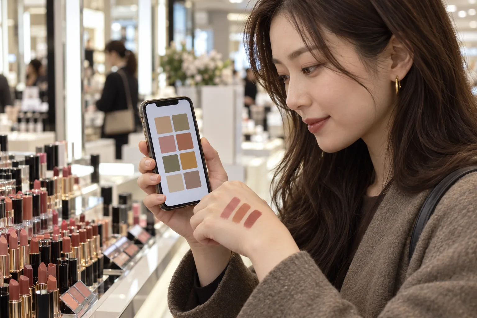 百貨店のコスメカウンターで、診断結果の8色を見ながら手の甲でリップを試す日本人女性