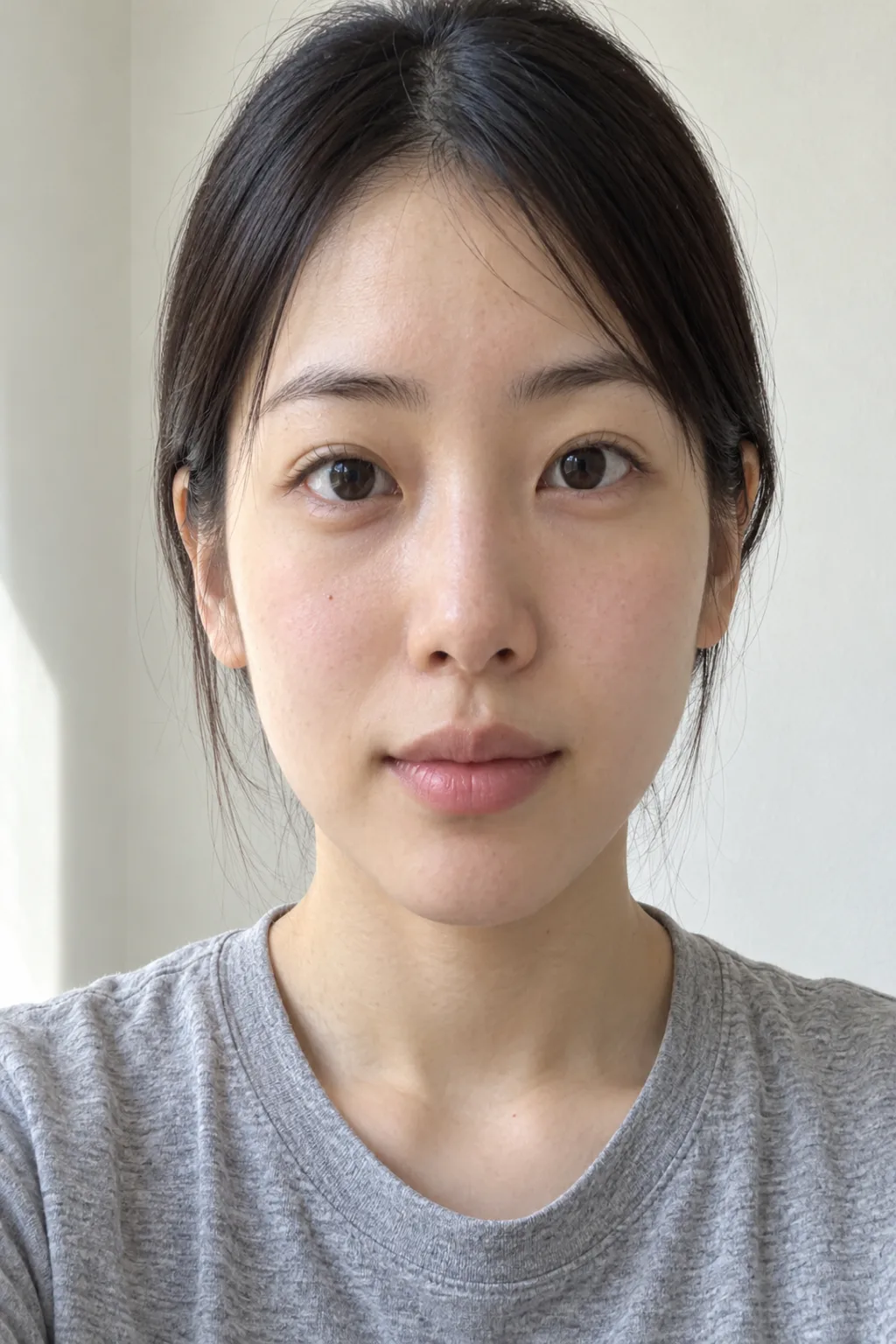 すっぴんで正面を向いた日本人女性。窓辺の自然光で撮った、写真診断に向いた自撮り