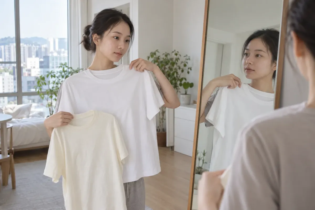 퍼스널컬러 자가진단을 위해 창가 거울 앞에서 흰 티와 아이보리 티를 턱 아래에 대 보는 한국 여성