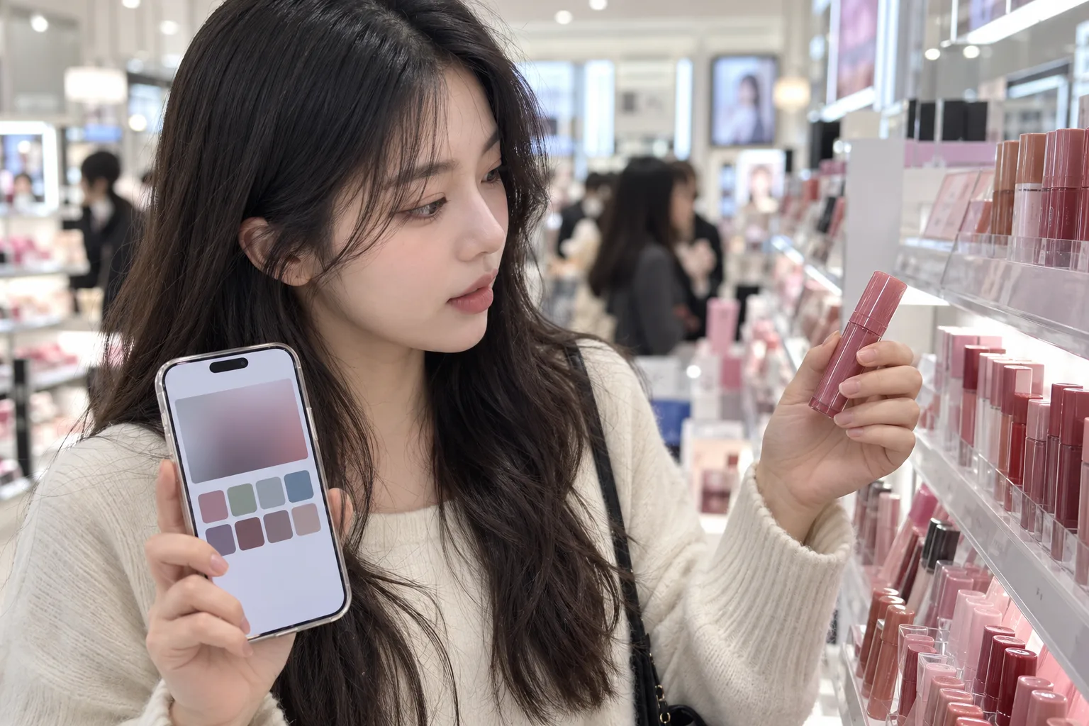 드럭스토어 립 코너에서 퍼스널컬러 진단 결과 카드를 보며 립을 고르는 한국인 여성