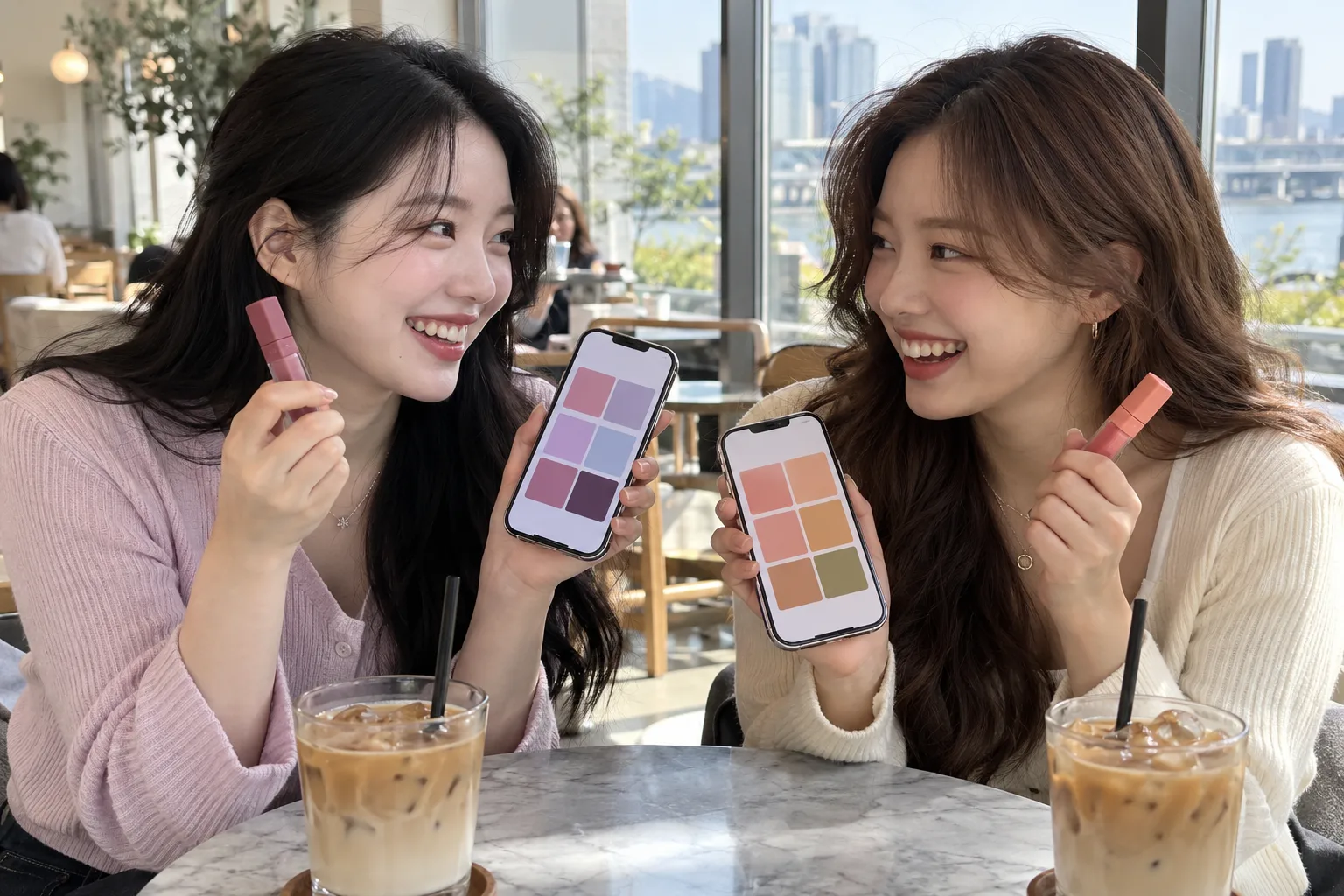 Korean color analysis with friends: two women in a Seoul cafe compare cool and warm results, each with a lip tint