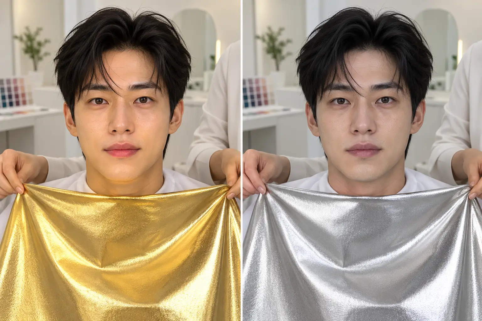Korean color analysis gold and silver drape test: the same man glows in gold fabric and looks grey in silver