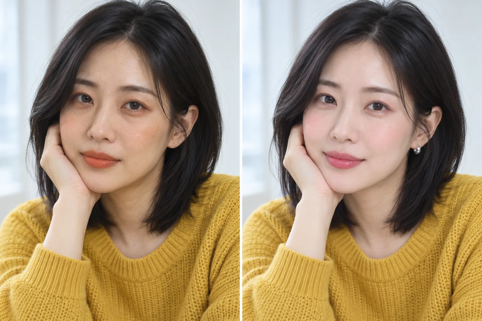 Korean color analysis makeup fix: one woman in a mustard sweater, sallow with orange lips, brighter with rose pink