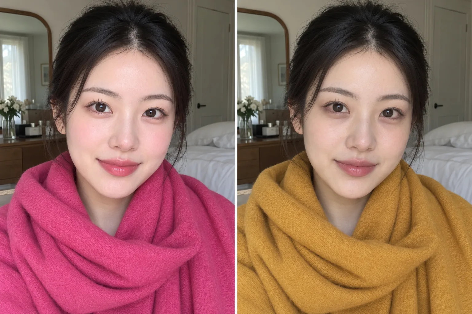 Personal color analysis drape test: the same face bright in a cool raspberry scarf, sallow in mustard