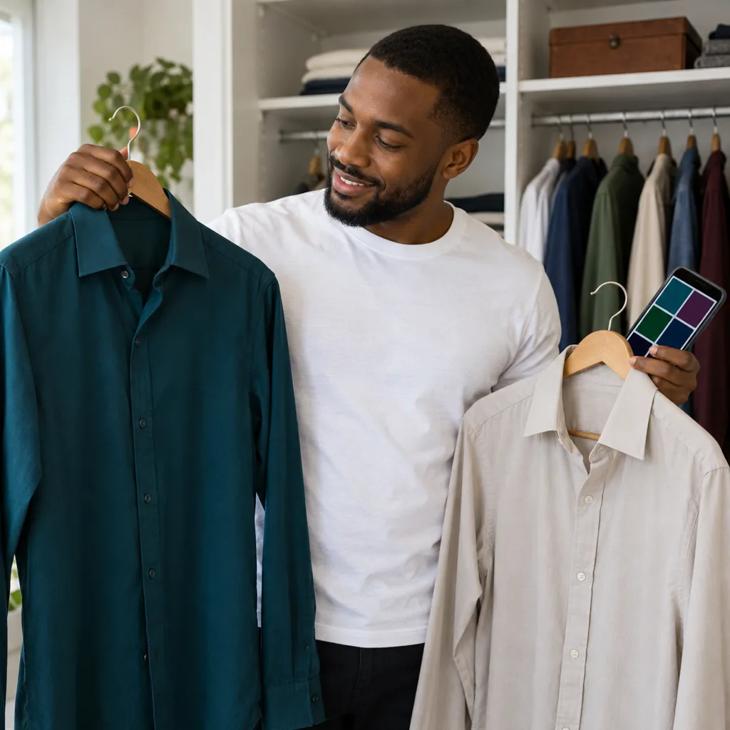 Personal color analysis result in use: a man picks a deep teal shirt over pale beige at his closet