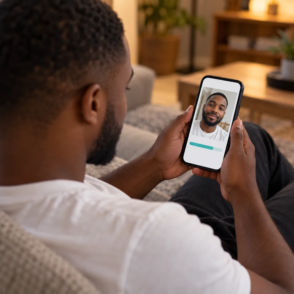 A man watches his selfie upload on his phone, waiting for the reading