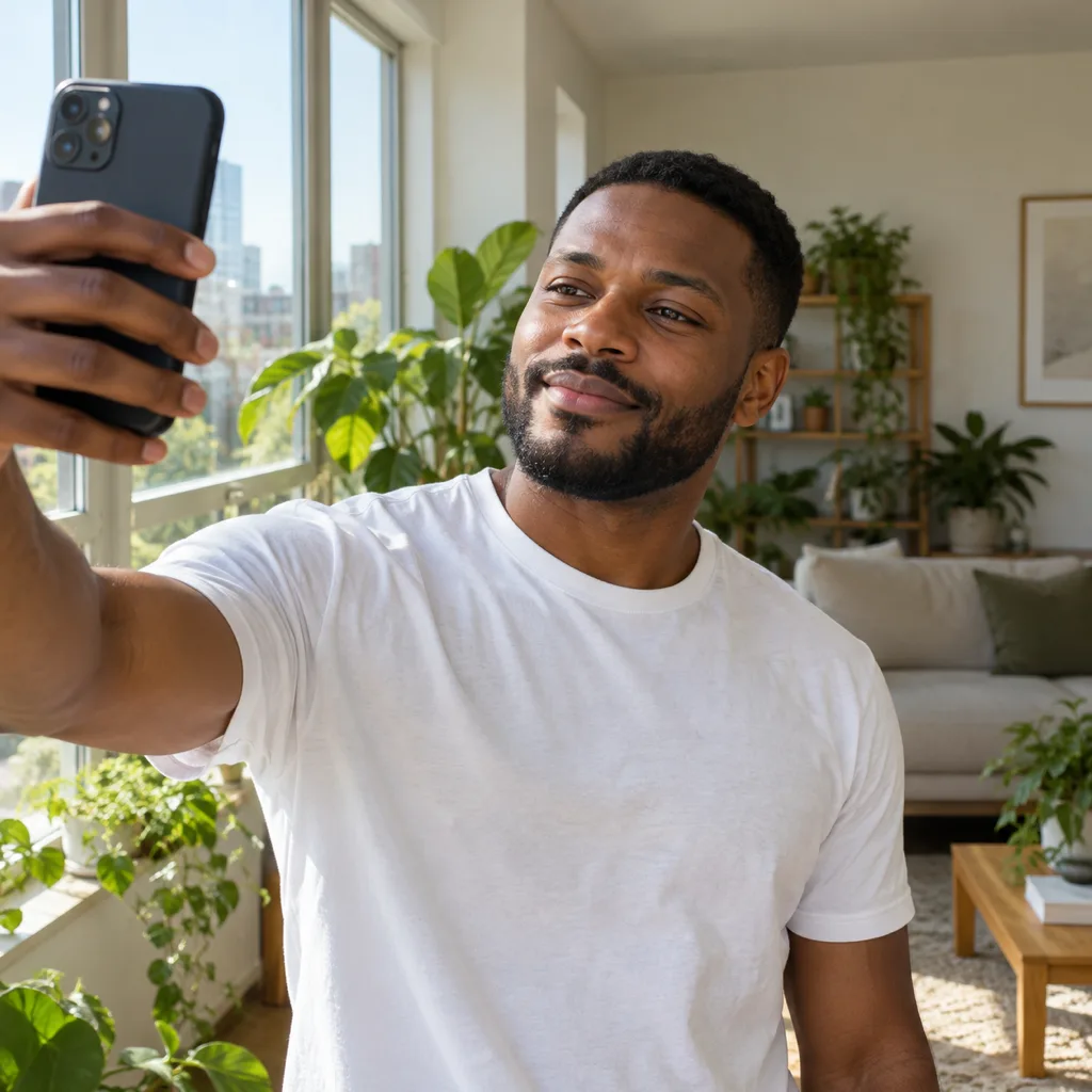 Taking a window-light selfie for personal color analysis: a man faces daylight with his phone