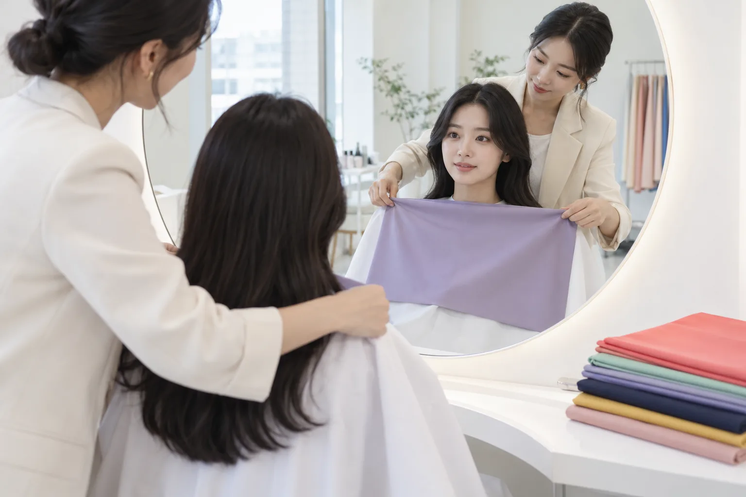 Studio personal color analysis in Seoul: a consultant drapes lavender fabric under a client's face