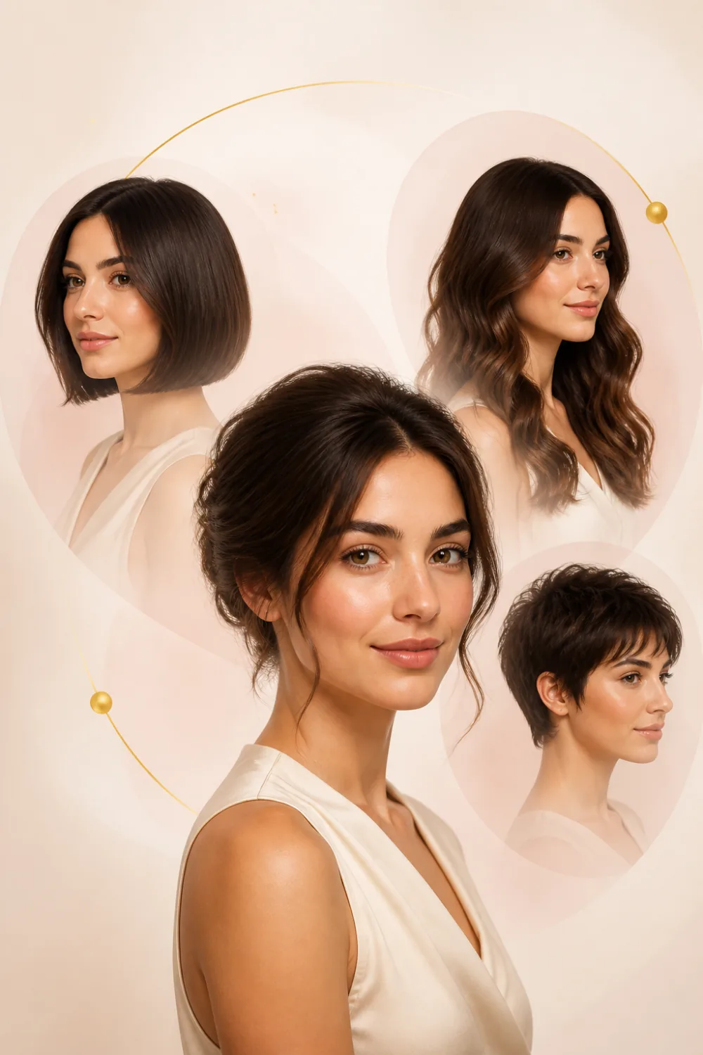 AI hairstyle: one face shown with four different haircuts