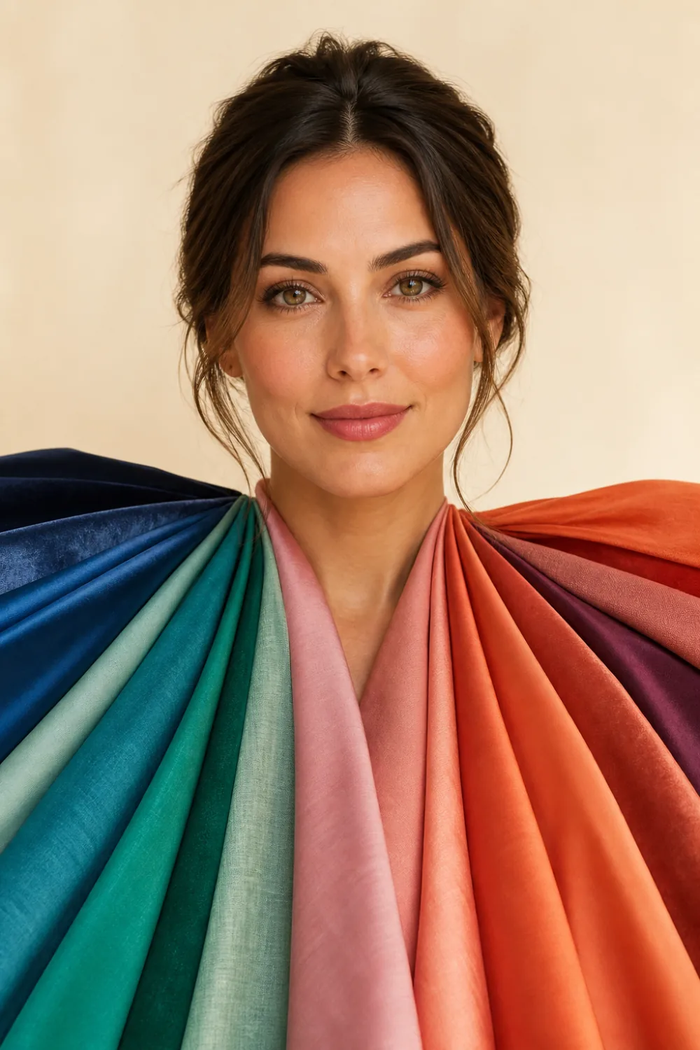 AI color analysis: a woman framed by fabric drapes in every season color
