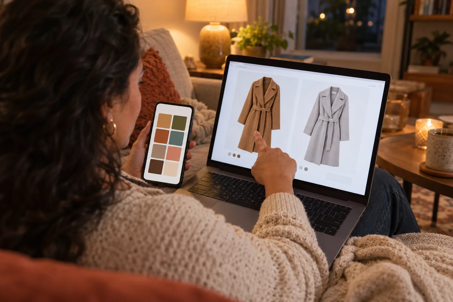 What is my color palette in use: a woman checks a camel coat against her phone palette while shopping online