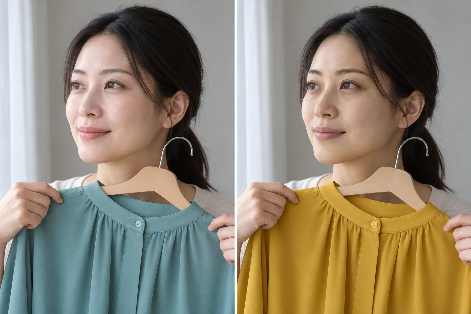 What is my color palette window test: one woman glows in a soft teal blouse and looks sallow in mustard